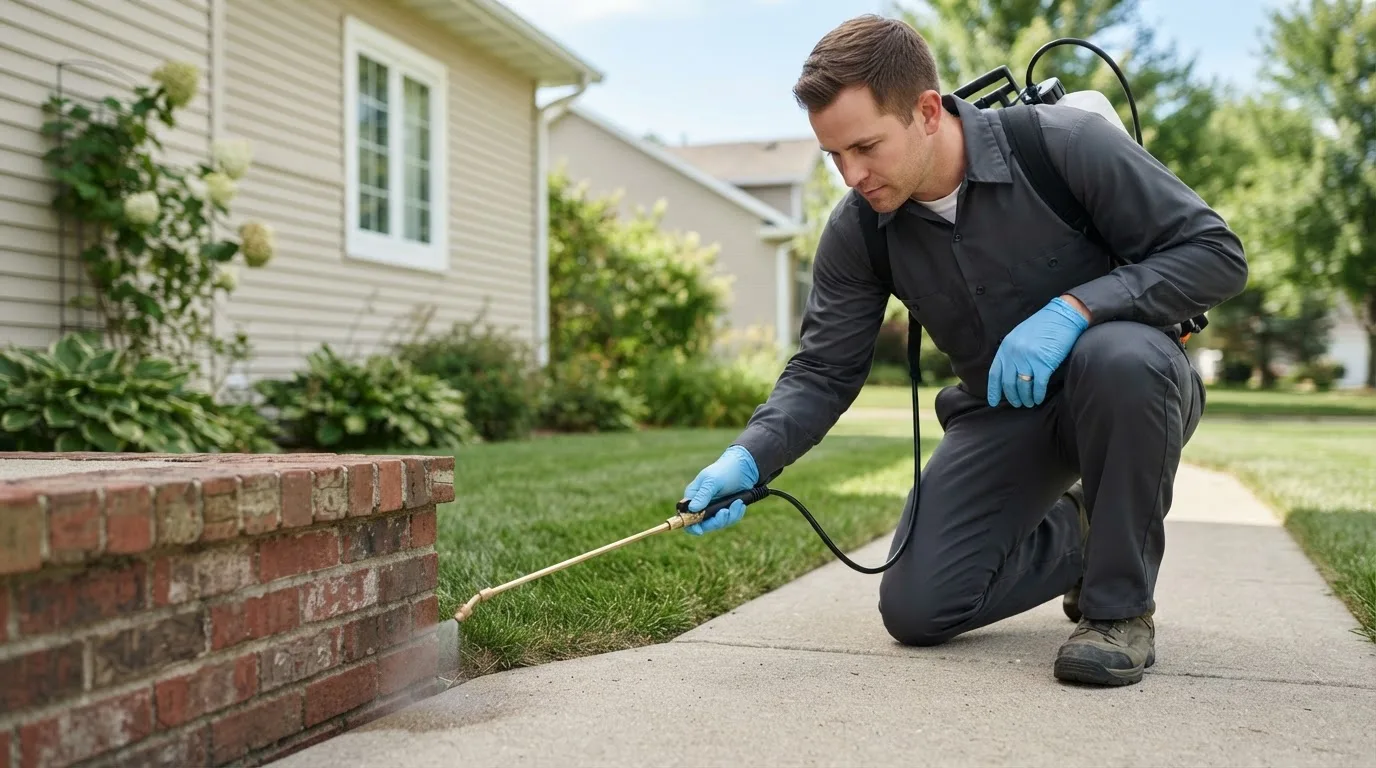 Pest control technician treating a home near Melvern, KS